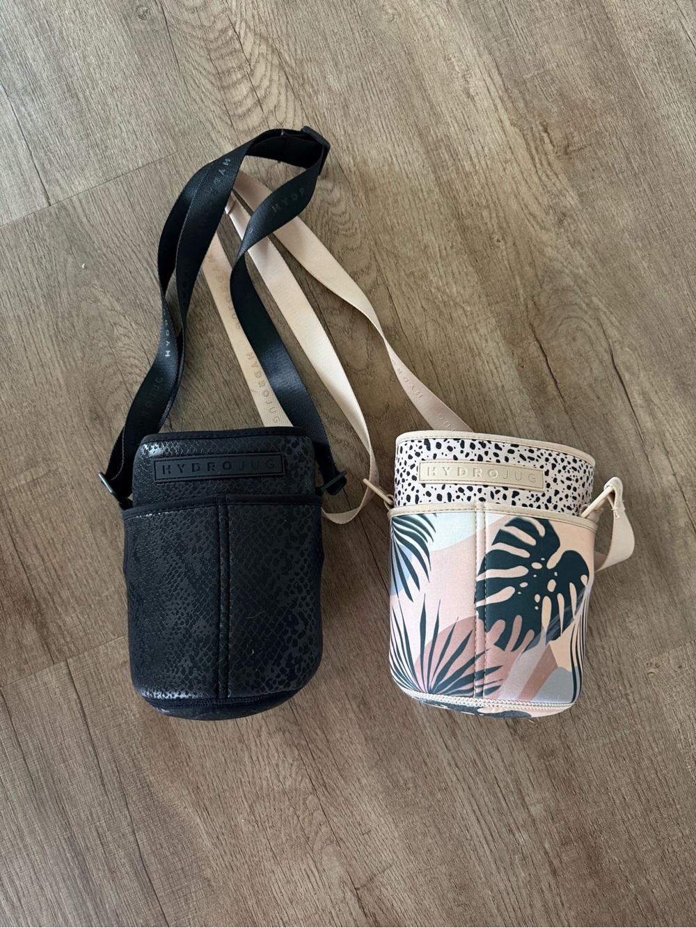 Set of HydroJug Sleeves Black Snakeskin & Tropical Crossbody Bottle Carriers
